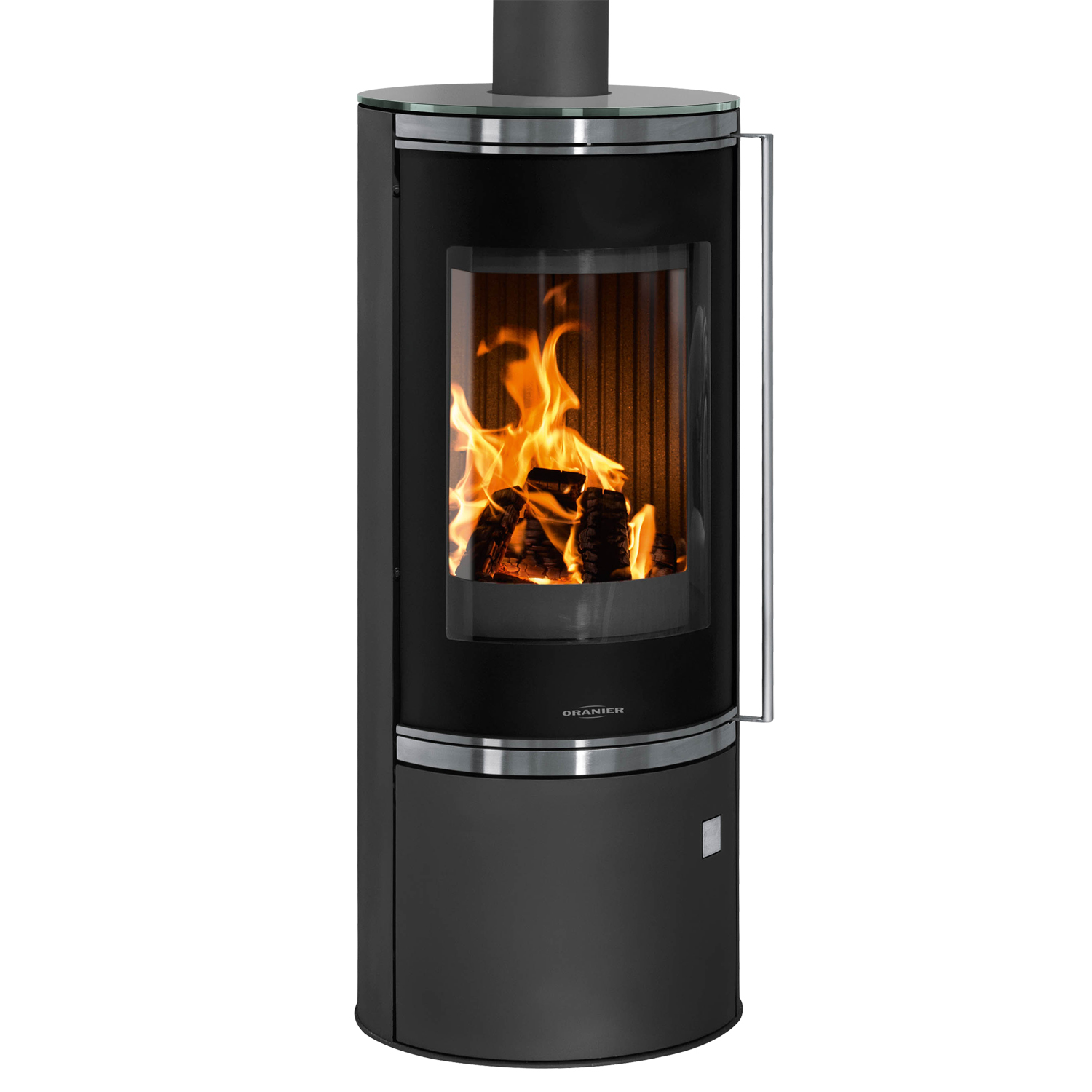 Poêle à bois Oranier Arena 2.0 en acier noir avec plaque de recouvrement en verre Poêle à bois Oranier Arena 2.0 en acier noir avec plaque de recouvrement en verre