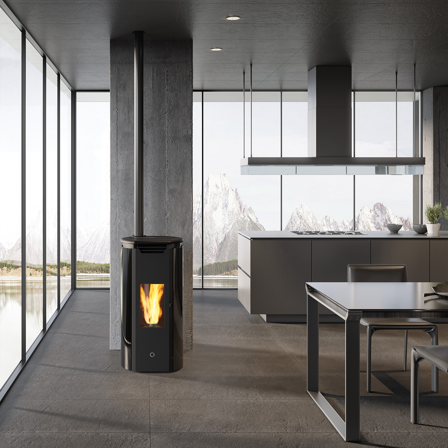 EK63 Tweed90+ poêle à granulés verre noir raccordement tuyaux en haut