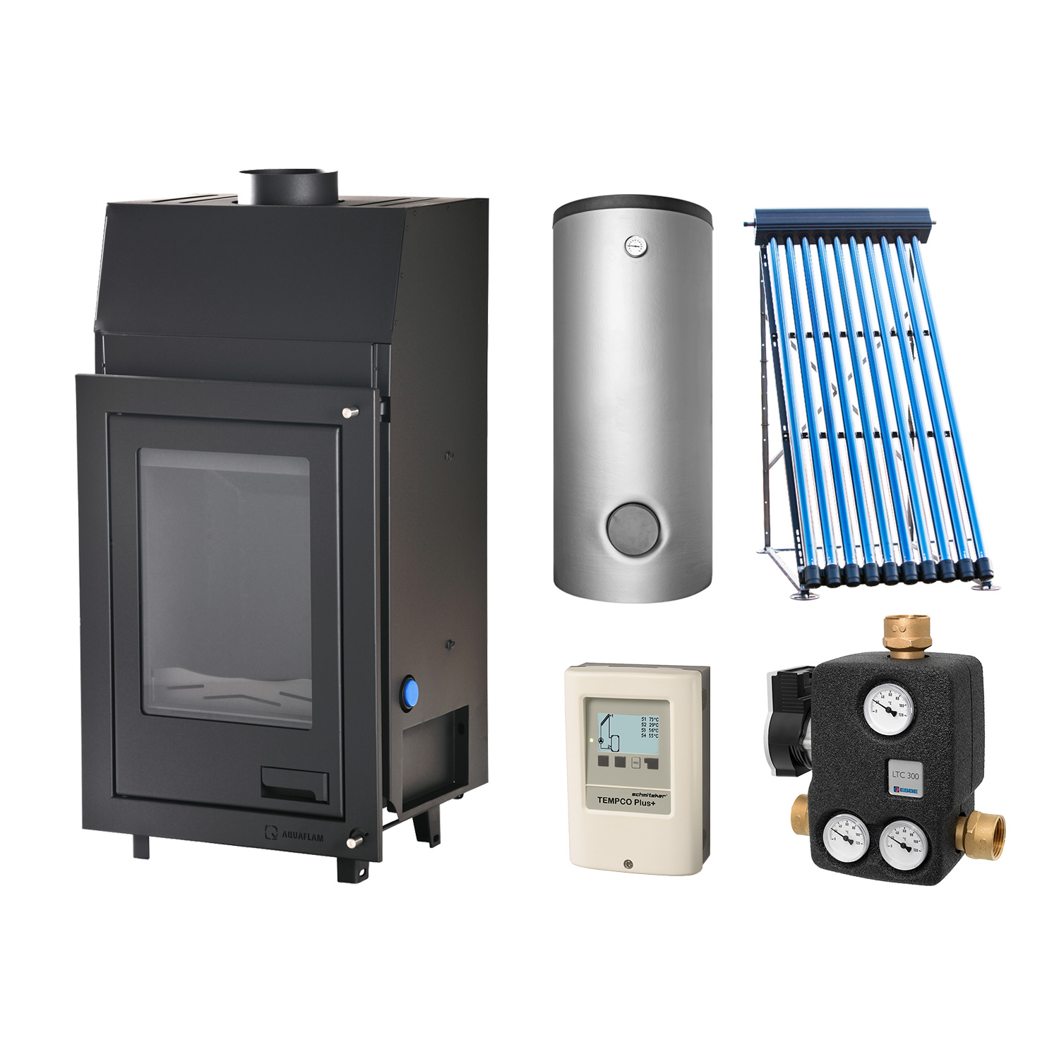 Aquaflam Basic 7 insert de cheminée à eau ensemble complet + réservoir tampon avec 2 échangeurs de chaleur + ensemble solaire thermique 1 (8 m²)