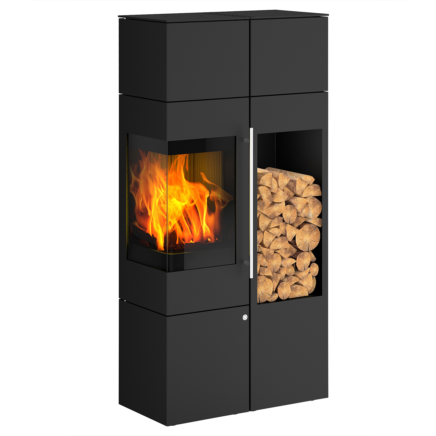 Olsberg Ipala Smart Compact poêle à bois avec ouverture de porte à gauche, étagère en bois et module PowerBloc! inclus.
