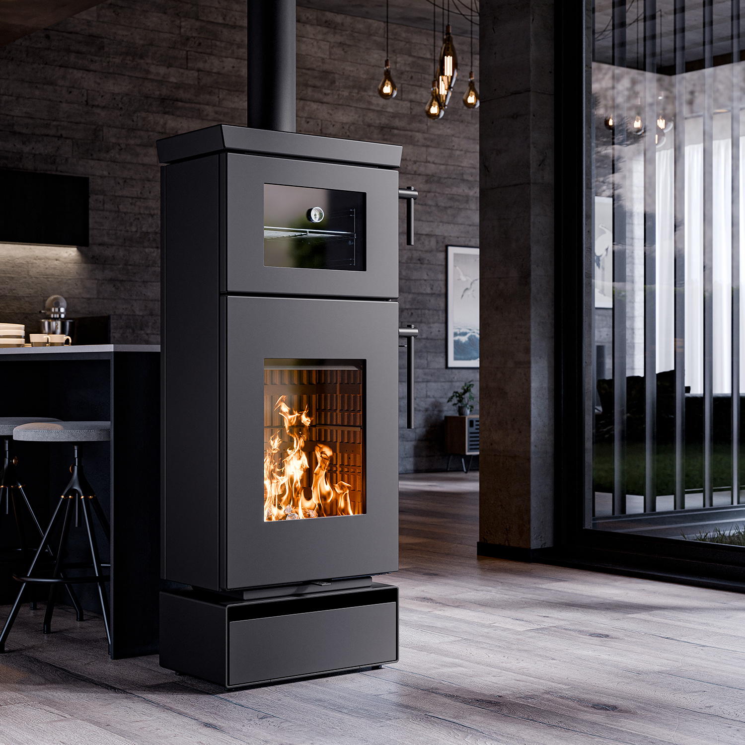Thermorossi poêle à bois Zen O Evo6 avec compartiment four et compartiment range-bûches noir mat