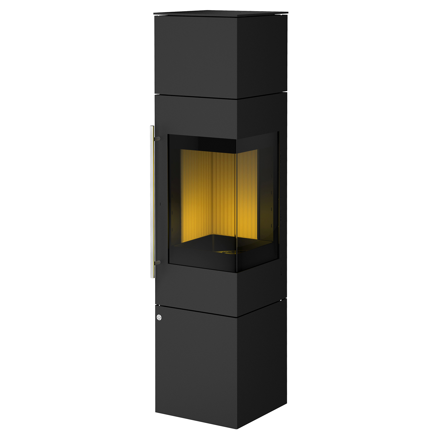 Poêle à bois Olsberg Ipala Smart Compact en acier noir, ouverture de porte à droite, porte en acier avec module d'accumulation.