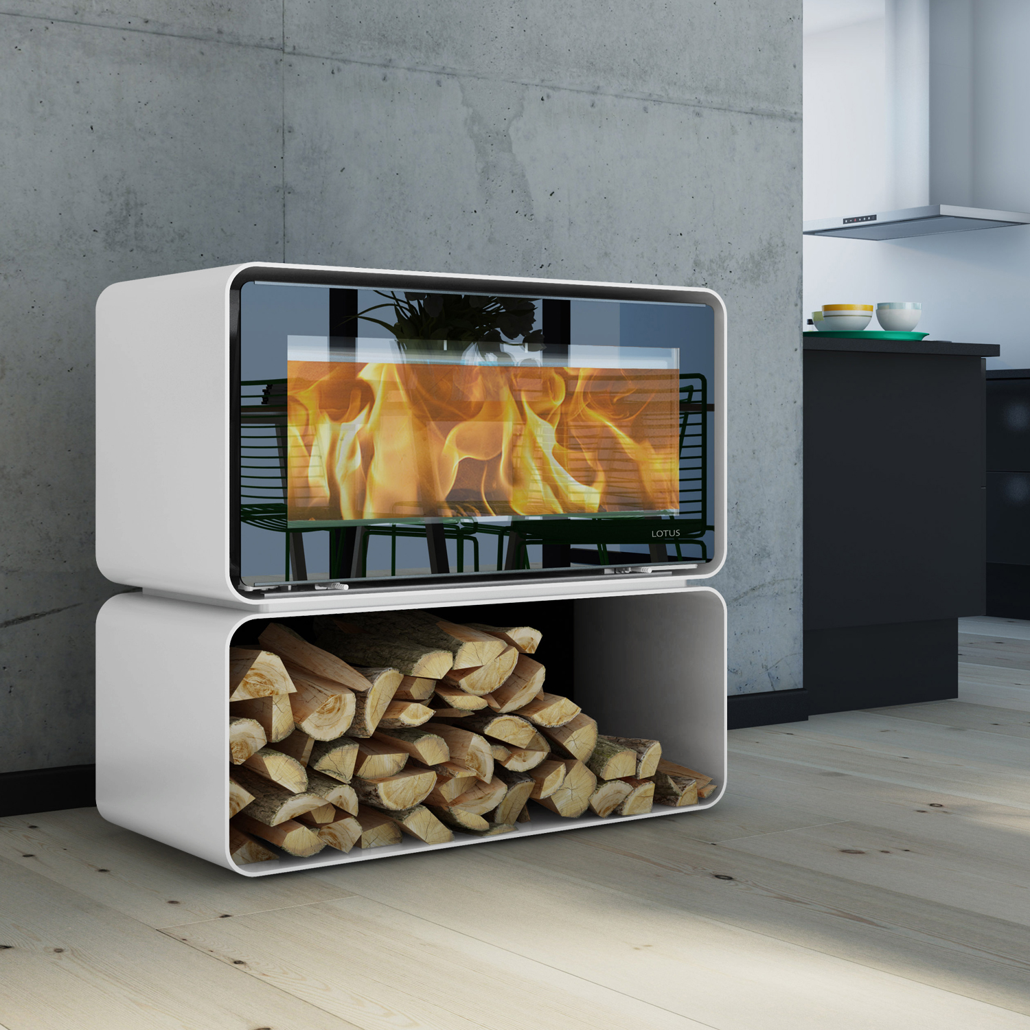 Poêle à bois Lotus Living Cube Alpin White, évacuation des fumées à l'arrière