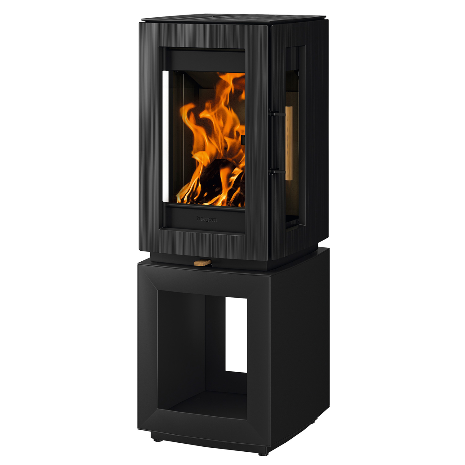 Poêle à bois Hergom Glow en fonte noire avec compartiment de rangement pour le bois