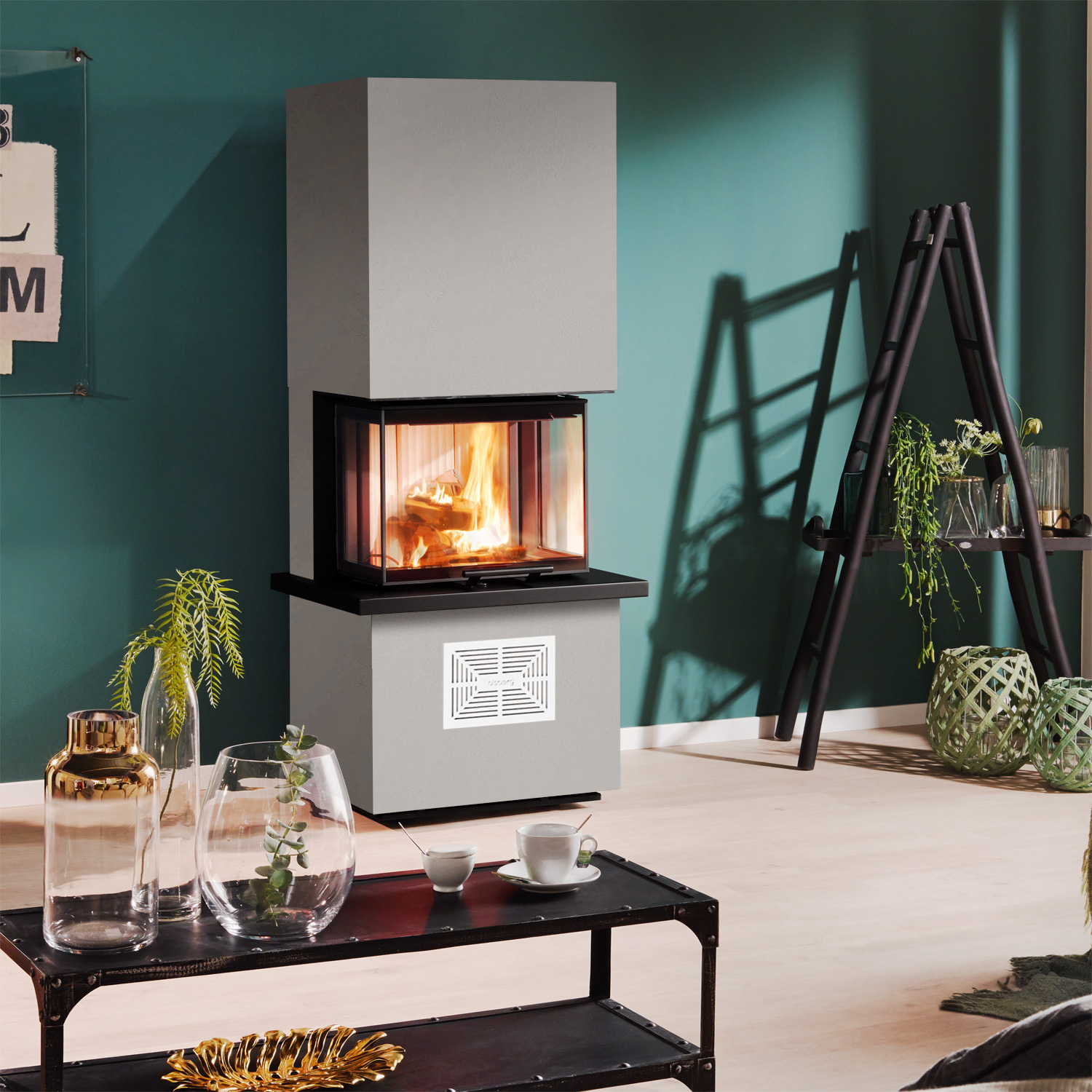 Olsberg Osorno S Poêle à bois Plaque de construction de cheminée avec cadre en plâtre et grille d'aération blanche